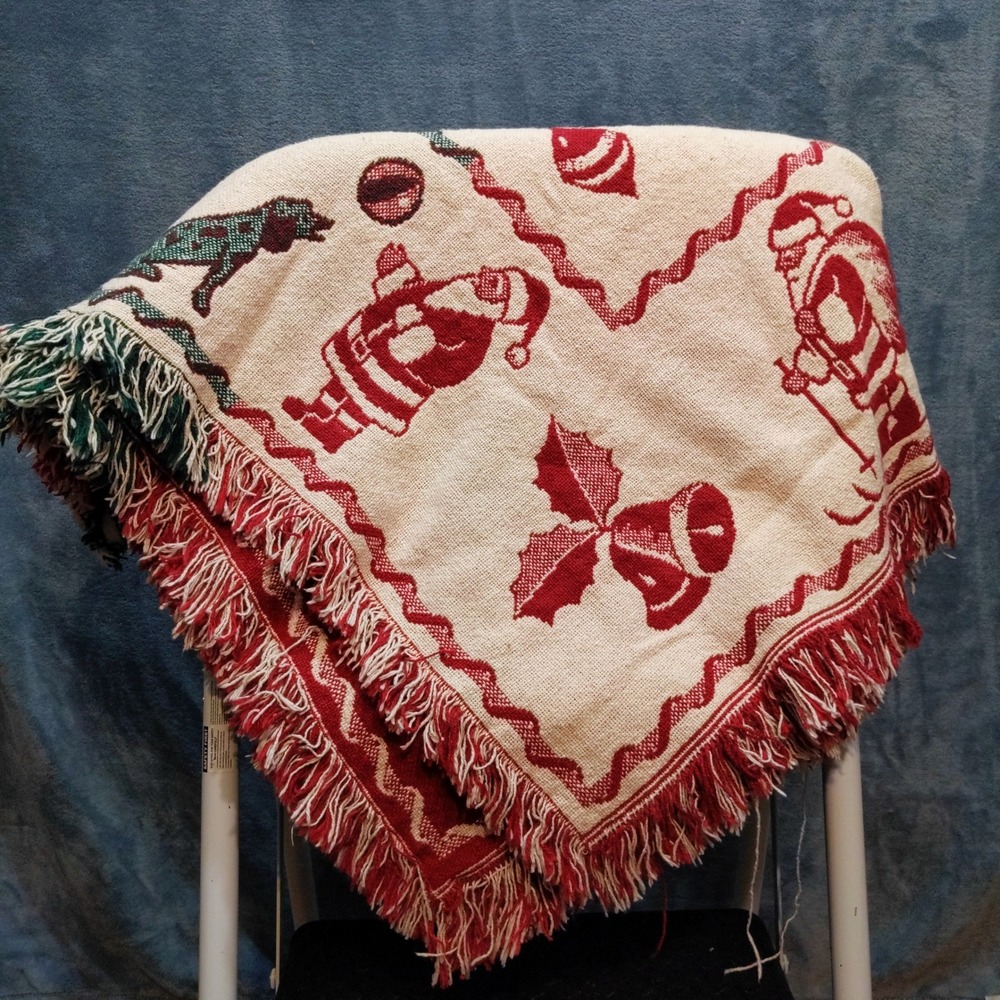 Vintage Christmas Woven Cotton Throw Blanket Reversible Santa Holly Spain 50x73